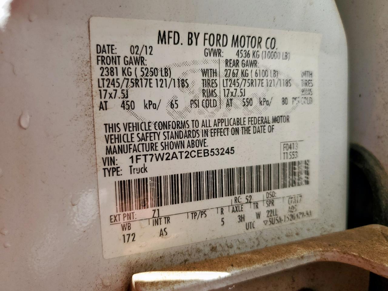 2012 Ford F250 Super Duty VIN: 1FT7W2AT2CEB53245 Lot: 71020435