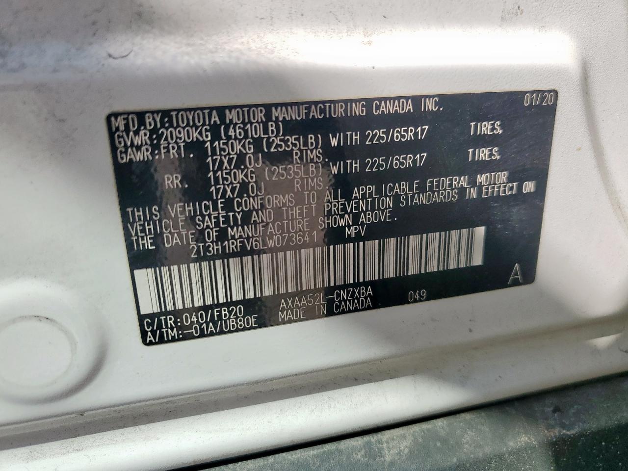 2020 Toyota Rav4 Le VIN: 2T3H1RFV6LW073641 Lot: 80342935