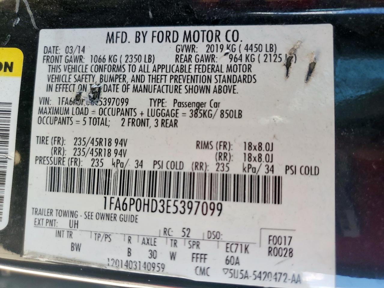 2014 Ford Fusion Se VIN: 1FA6P0HD3E5397099 Lot: 84294045