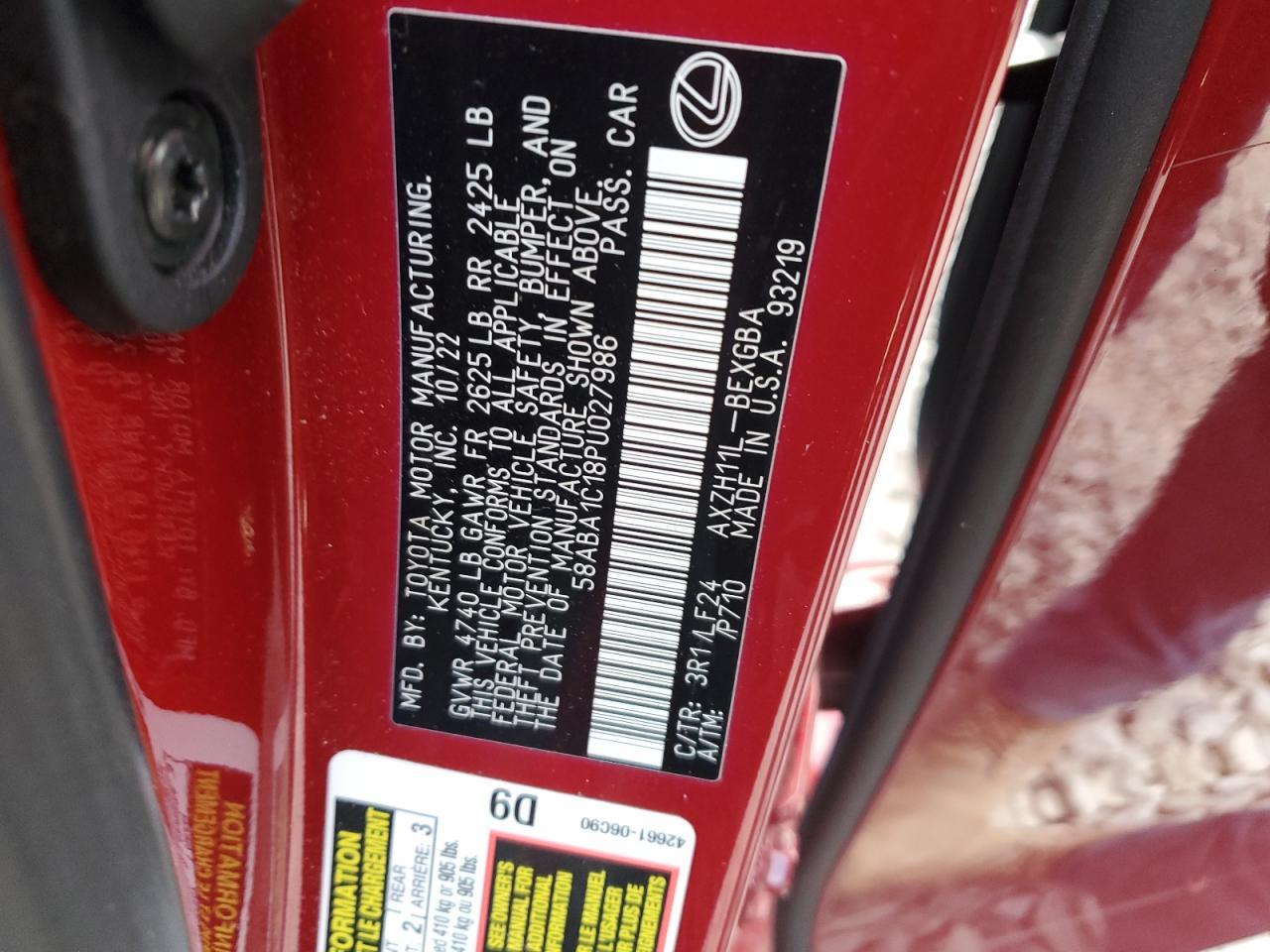 2023 Lexus Es 300H F Sport Handling VIN: 58ABA1C18PU027986 Lot: 81845305