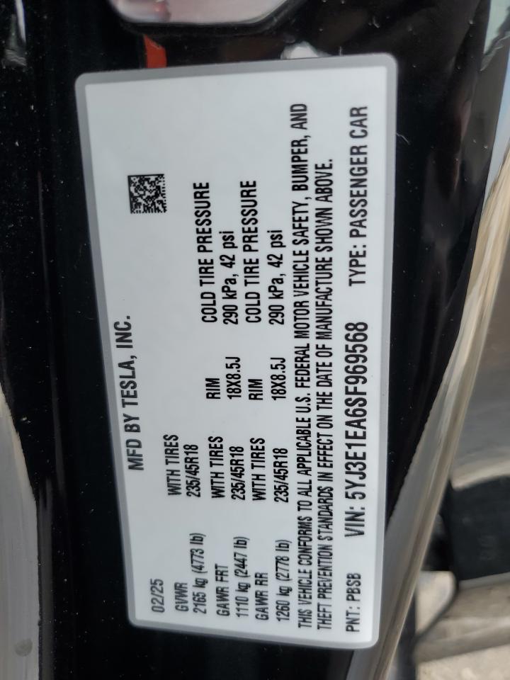 2025 Tesla Model 3 VIN: 5YJ3E1EA6SF969568 Lot: 71999345