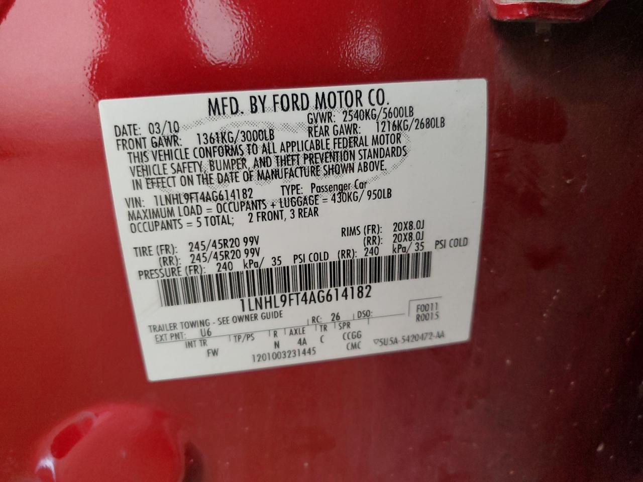 2010 Lincoln Mks VIN: 1LNHL9FT4AG614182 Lot: 83983305