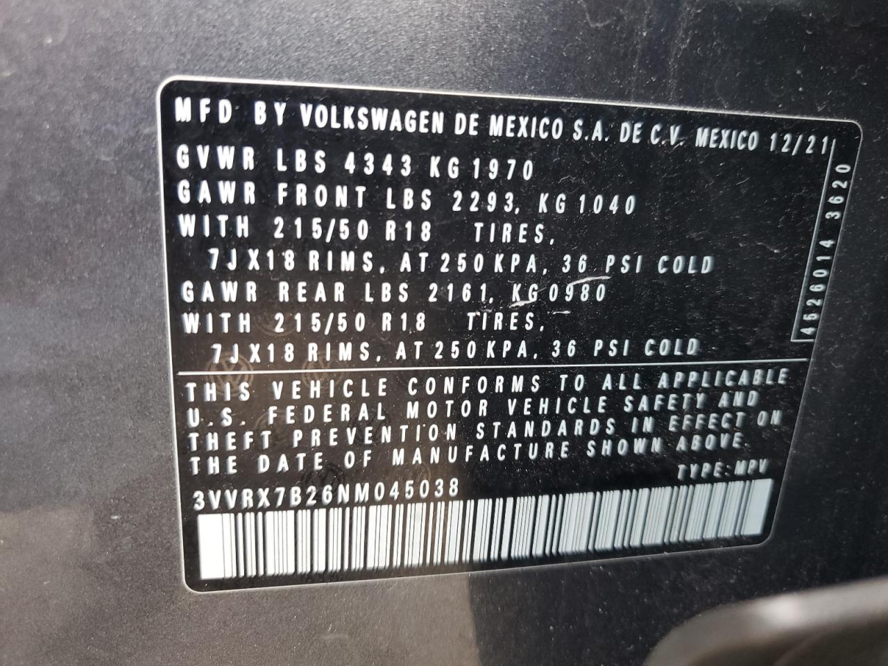 2022 Volkswagen Taos Se VIN: 3VVRX7B26NM045038 Lot: 80541795