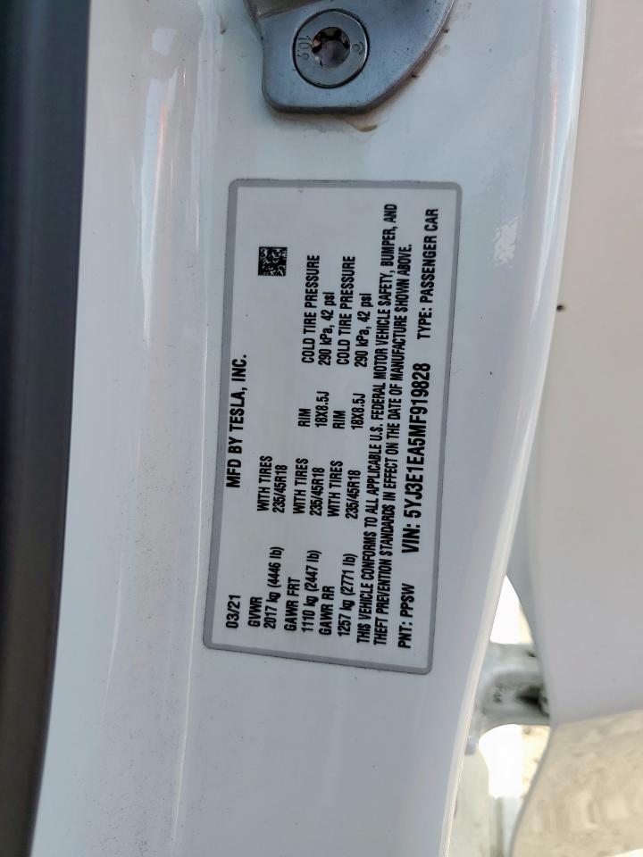 2021 Tesla Model 3 VIN: 5YJ3E1EA5MF919828 Lot: 82138715