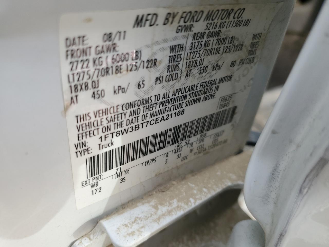 2012 Ford F350 Super Duty VIN: 1FT8W3BT7CEA21168 Lot: 69964655