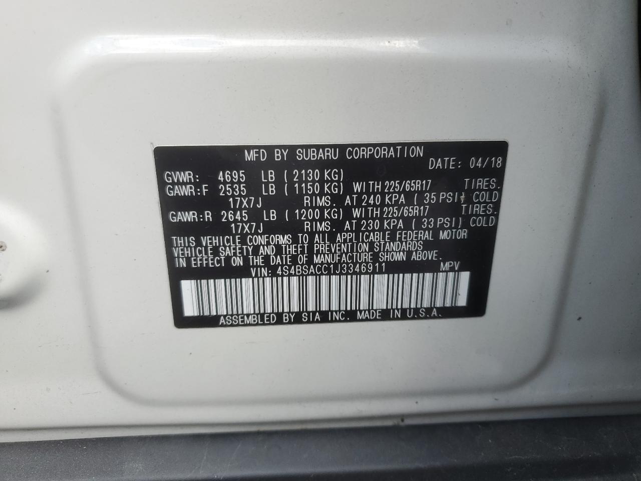 2018 Subaru Outback 2.5I Premium VIN: 4S4BSACC1J3346911 Lot: 70036065