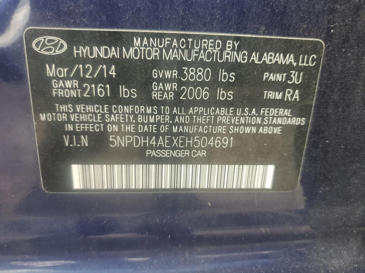 2014 Hyundai Elantra Se VIN: 5NPDH4AEXEH504691 Lot: 84254685