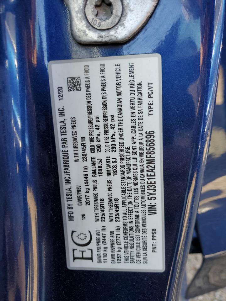 2021 Tesla Model 3 VIN: 5YJ3E1EA2MF856896 Lot: 84357575