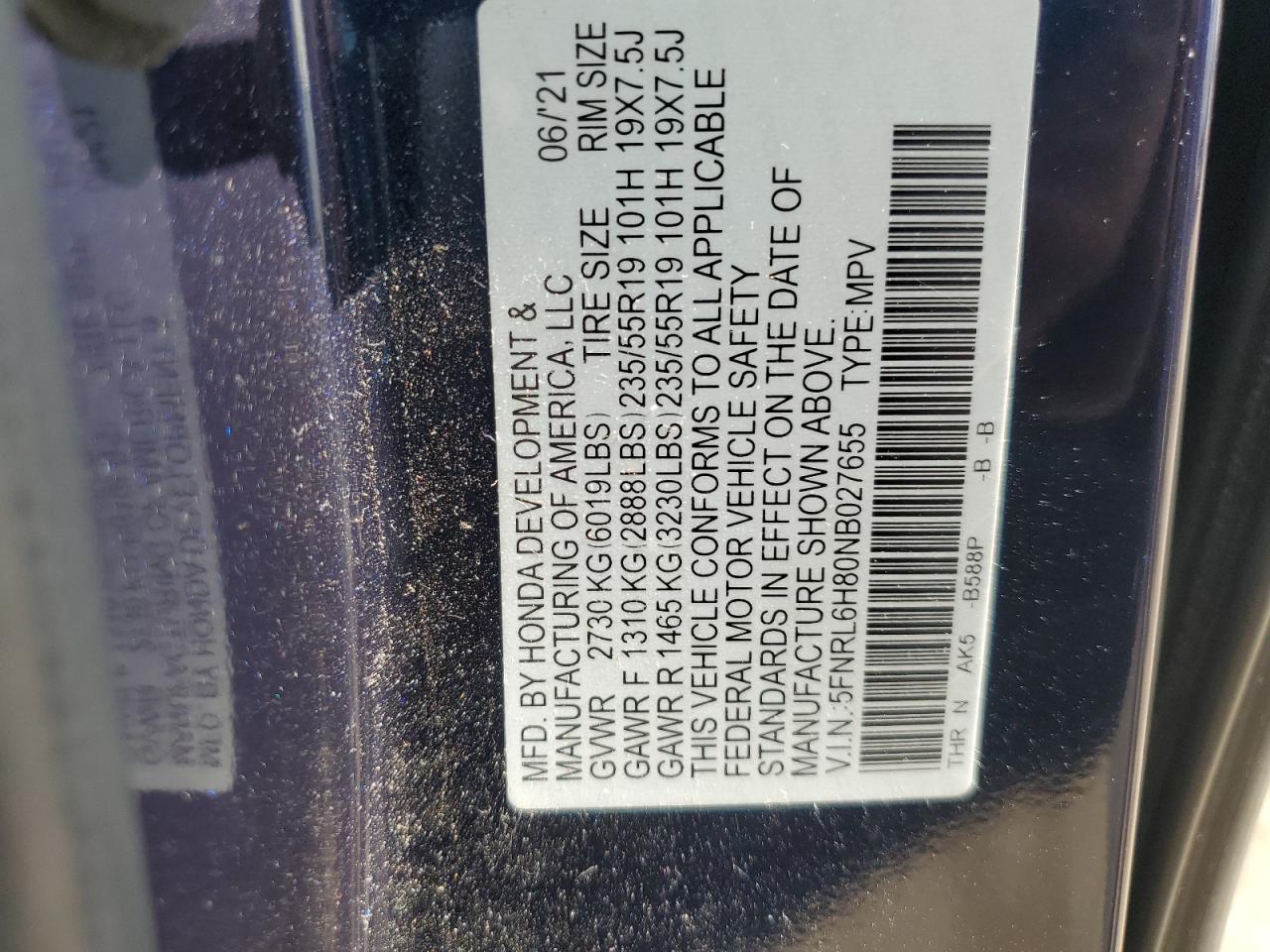 2022 Honda Odyssey Touring VIN: 5FNRL6H80NB027655 Lot: 80301625