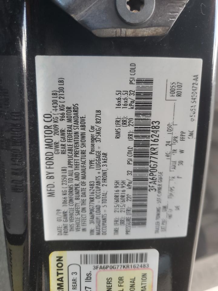 2019 Ford Fusion S VIN: 3FA6P0G77KR162483 Lot: 84582395