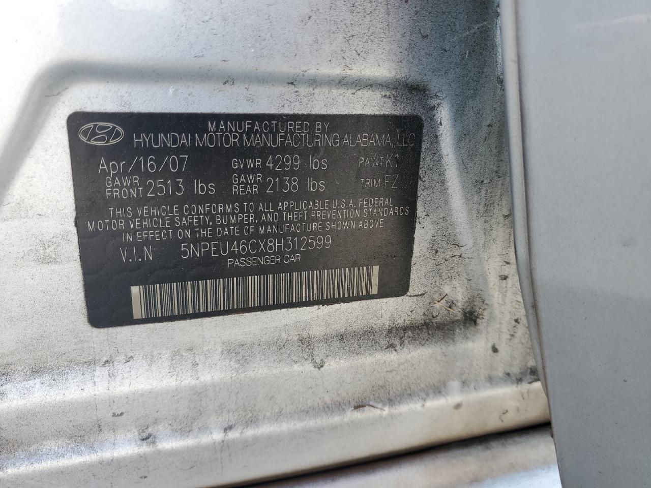 2008 Hyundai Sonata Se VIN: 5NPEU46CX8H312599 Lot: 81227615