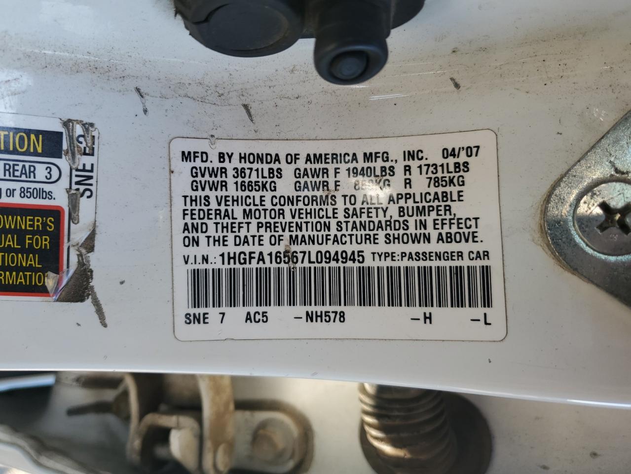 2007 Honda Civic Lx VIN: 1HGFA16567L094945 Lot: 71237655