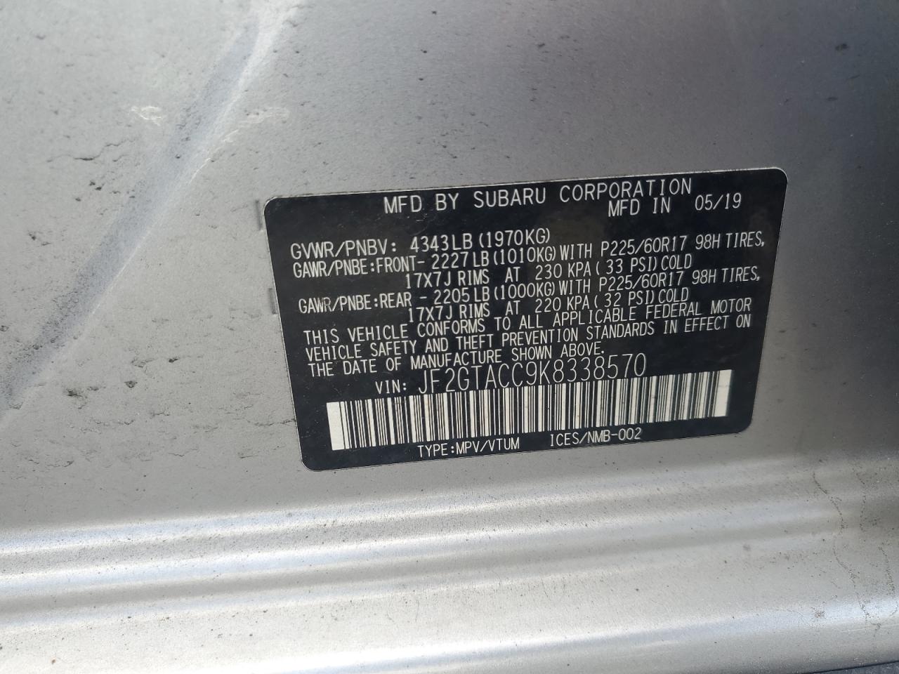 2019 Subaru Crosstrek Premium VIN: JF2GTACC9K8338570 Lot: 71455355