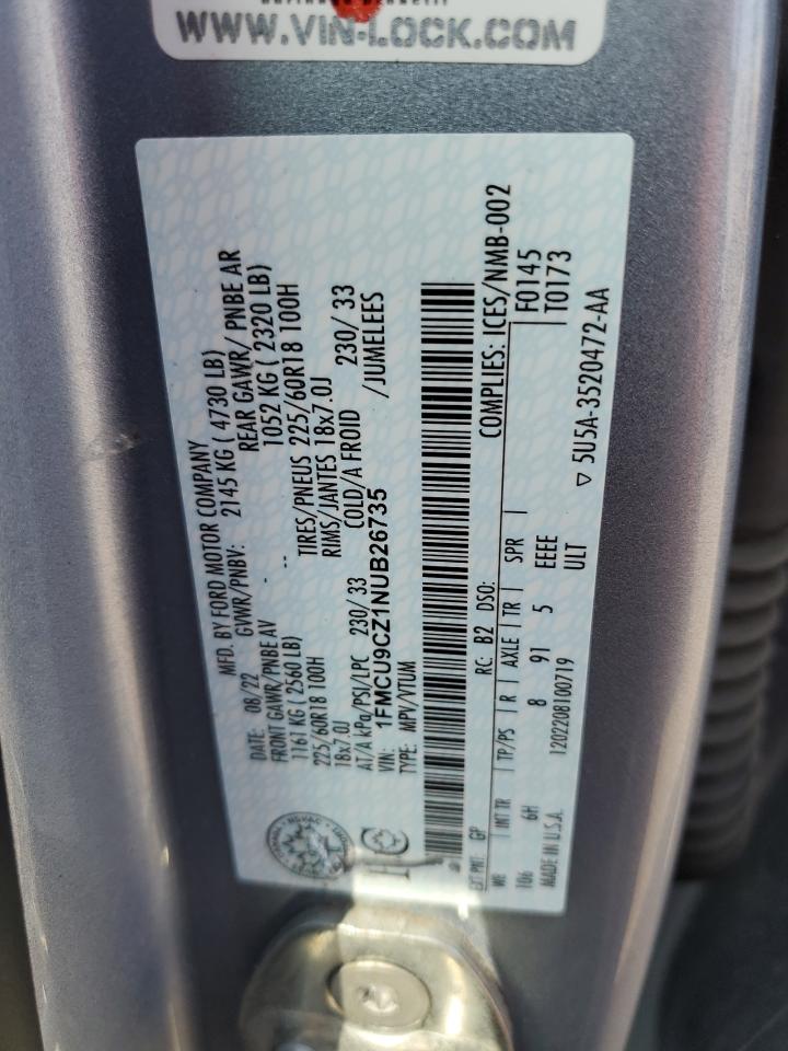 2022 Ford Escape Sel VIN: 1FMCU9CZ1NUB26735 Lot: 71885825