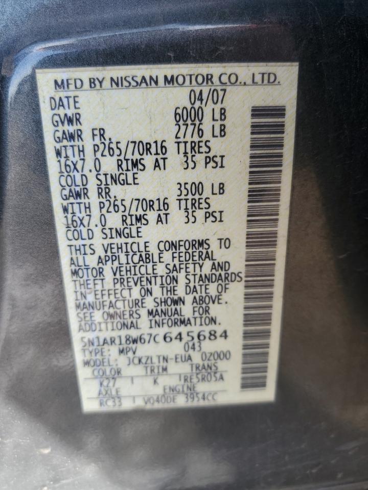 2007 Nissan Pathfinder Le VIN: 5N1AR18W67C645684 Lot: 82148695