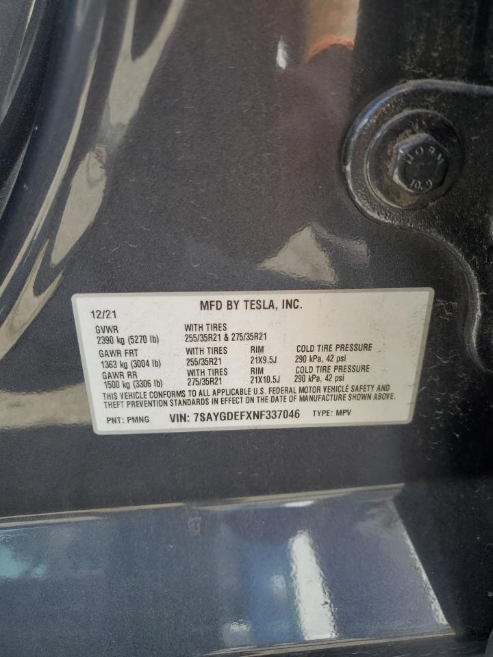 2022 Tesla Model Y VIN: 7SAYGDEFXNF337046 Lot: 71619905