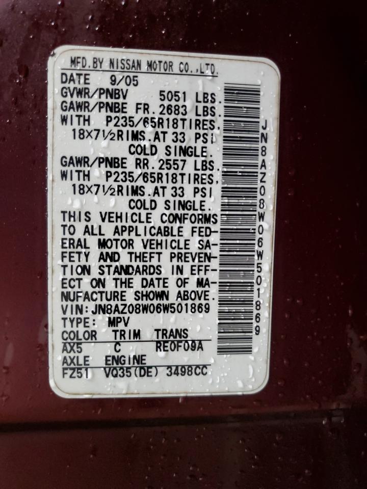 2006 Nissan Murano Sl VIN: JN8AZ08W06W501869 Lot: 81603505