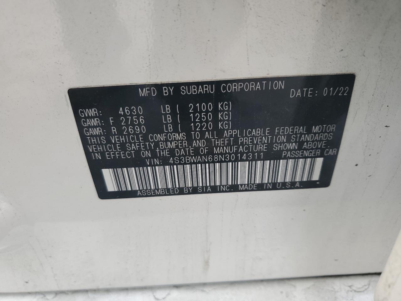 2022 Subaru Legacy Limited VIN: 4S3BWAN68N3014311 Lot: 71783735