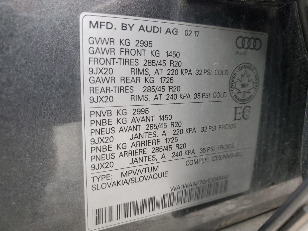 2017 Audi Q7 Technik S-Line VIN: WA1WAAF70HD045441 Lot: 81321535