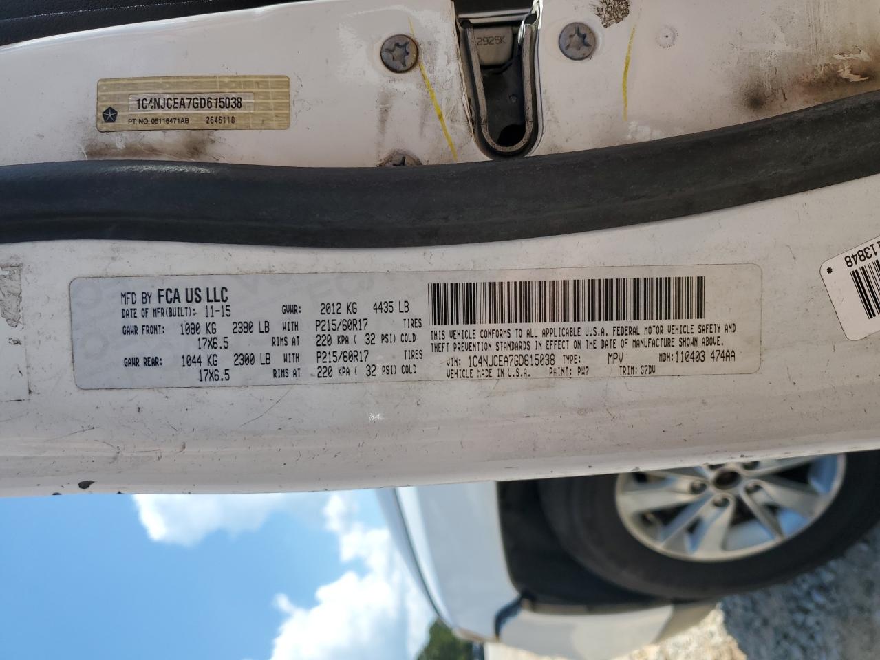 2016 Jeep Compass Latitude VIN: 1C4NJCEA7GD615038 Lot: 84211275