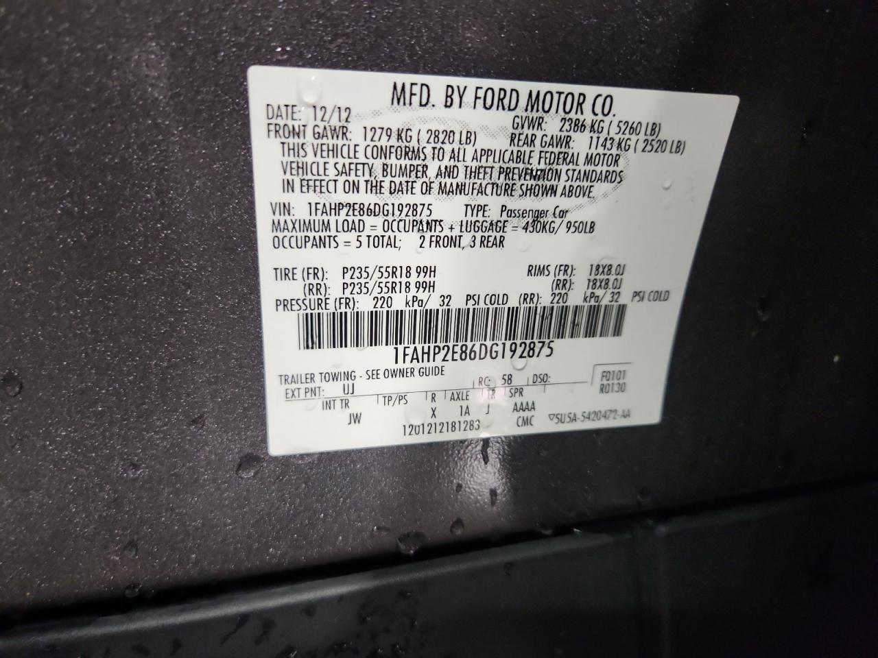 2013 Ford Taurus Sel VIN: 1FAHP2E86DG192875 Lot: 81068365