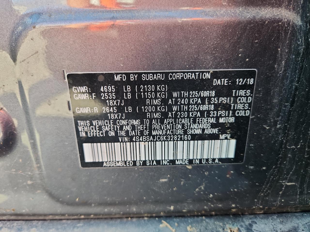 2019 Subaru Outback 2.5I Limited VIN: 4S4BSAJC6K3282160 Lot: 70832685