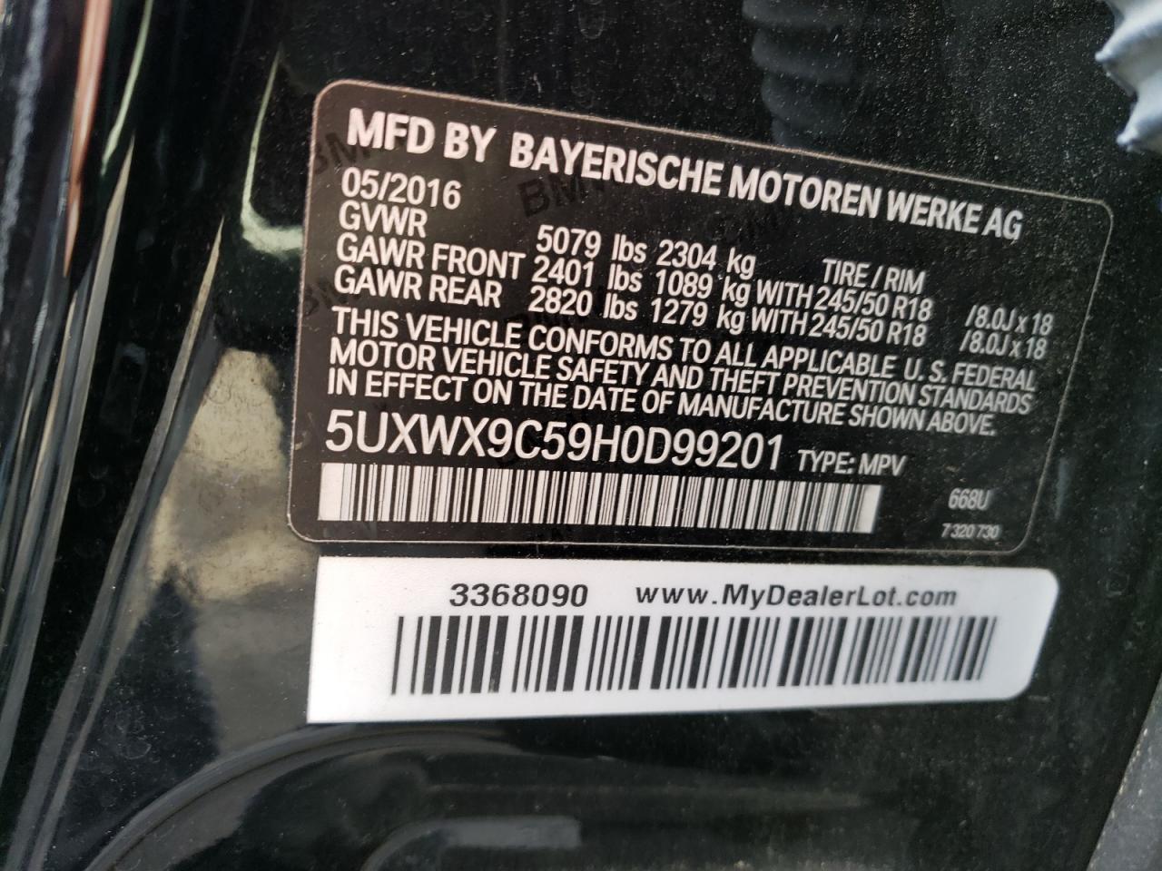 2017 BMW X3 xDrive28I VIN: 5UXWX9C59H0D99201 Lot: 82116045