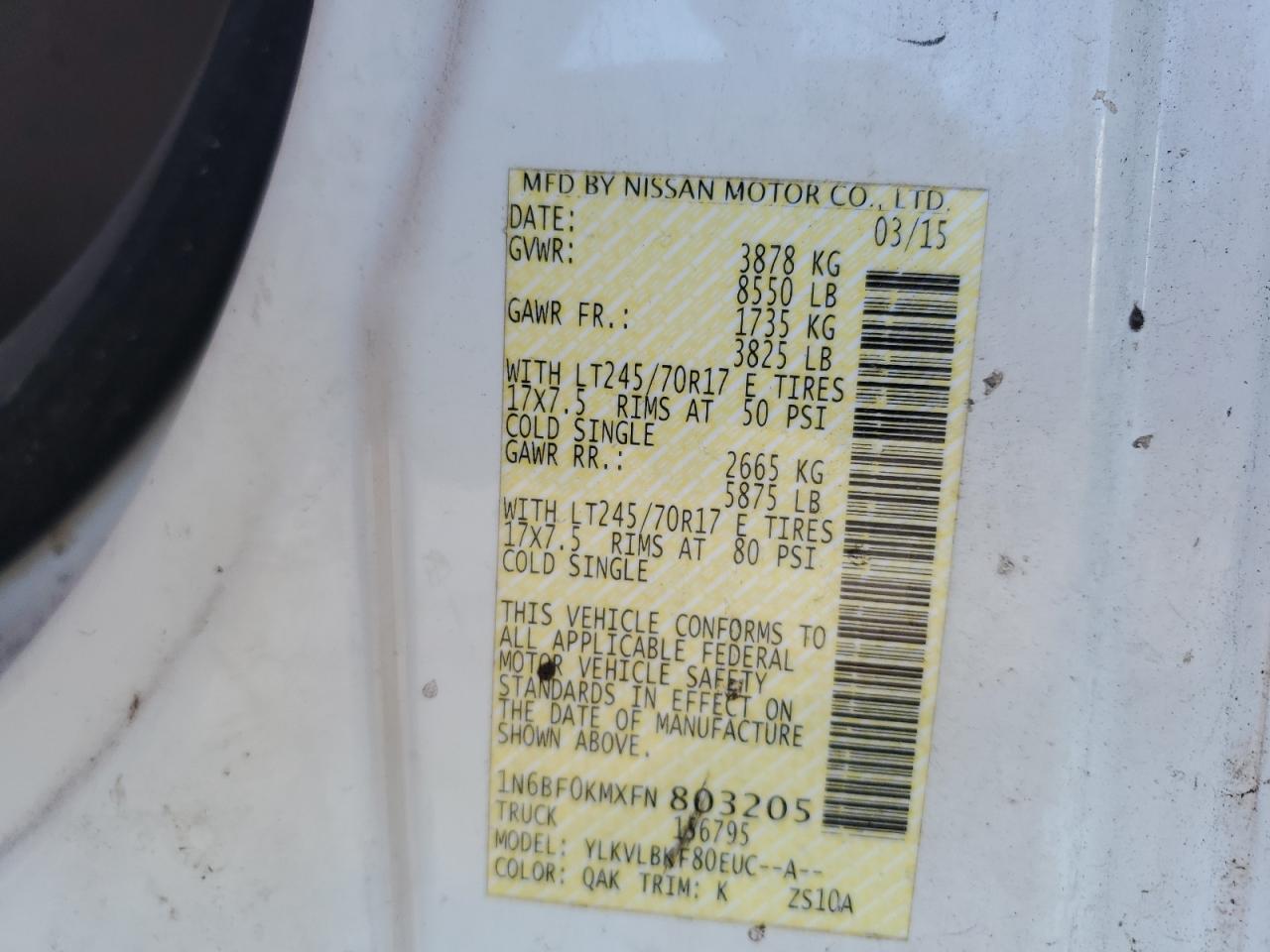 2015 Nissan Nv 1500 VIN: 1N6BF0KMXFN803205 Lot: 71750765