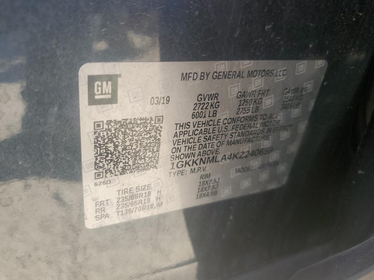 2019 GMC Acadia Slt-1 VIN: 1GKKNMLA4KZ240659 Lot: 80264135