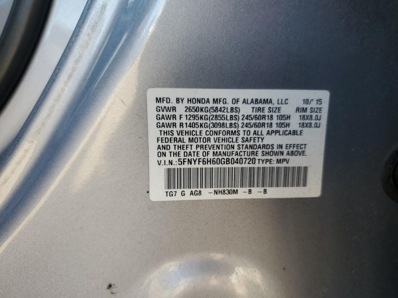 2016 Honda Pilot Exl VIN: 5FNYF6H60GB040720 Lot: 80812755