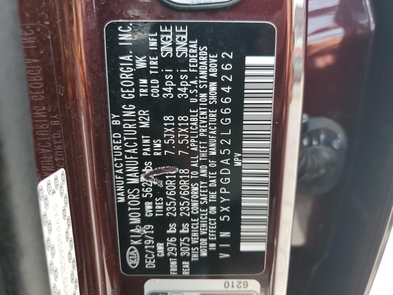 2020 Kia Sorento S VIN: 5XYPGDA52LG664262 Lot: 80814625