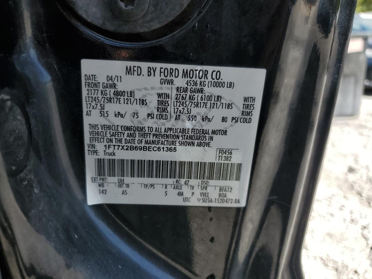 2011 Ford F250 Super Duty VIN: 1FT7X2B69BEC61365 Lot: 70310095