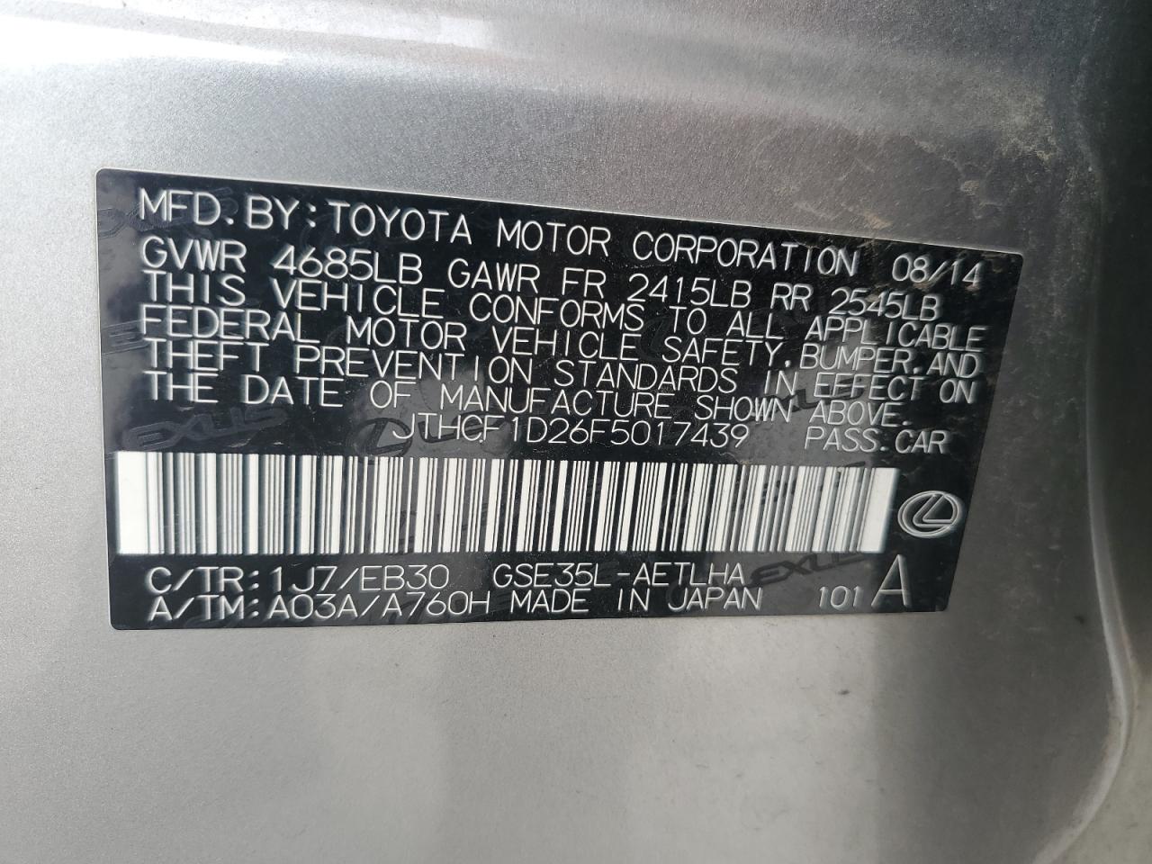 2015 Lexus Is 250 VIN: JTHCF1D26F5017439 Lot: 83988395