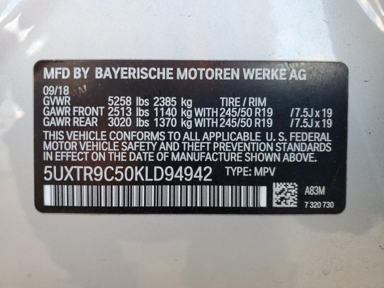 2019 BMW X3 xDrive30I VIN: 5UXTR9C50KLD94942 Lot: 81745975