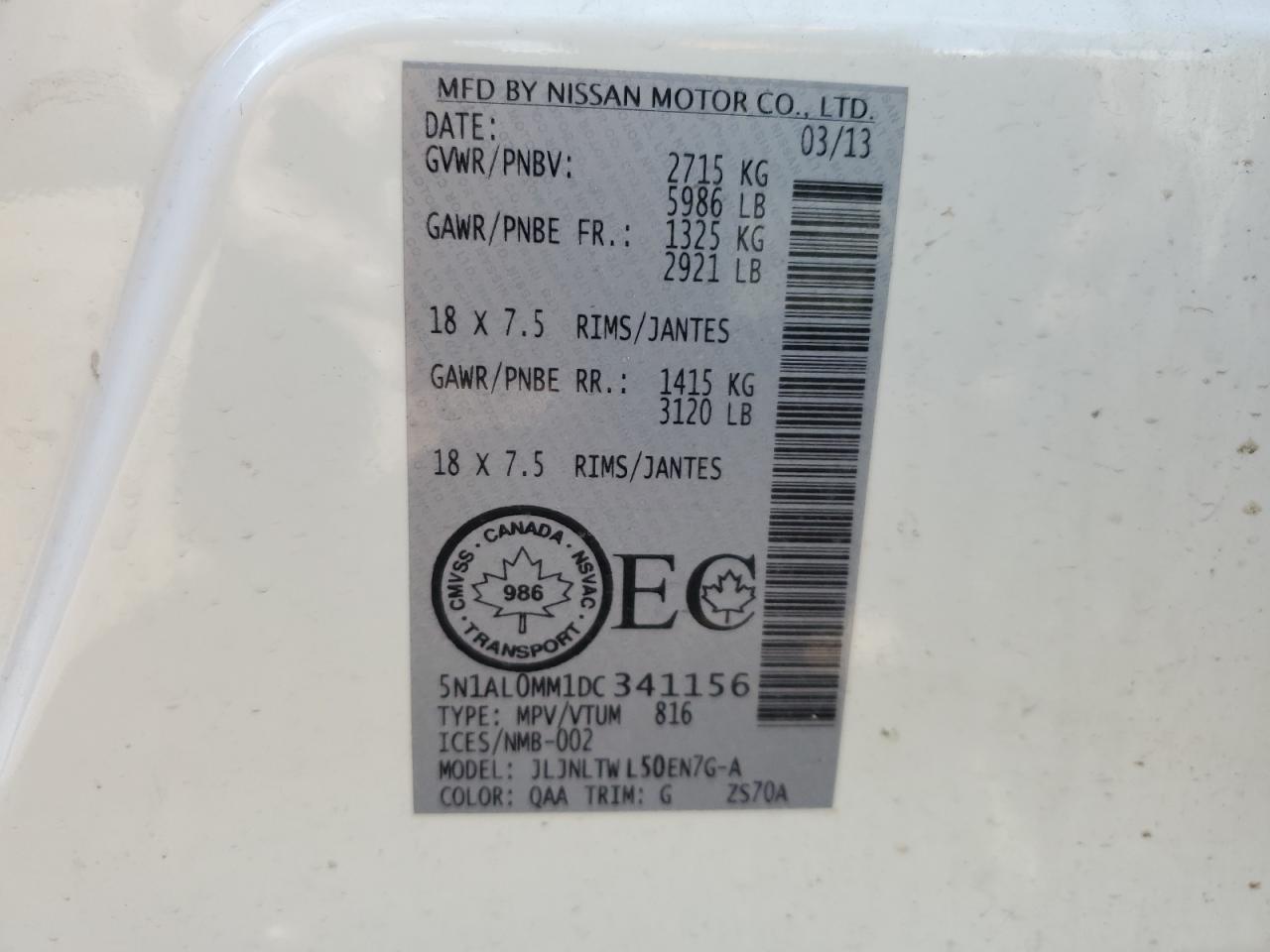 2013 Infiniti Jx35 VIN: 5N1AL0MM1DC341156 Lot: 81591465