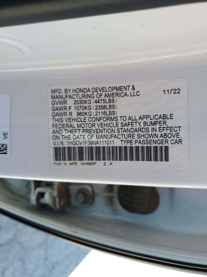 2022 Honda Accord Sport VIN: 1HGCV1F39NA111011 Lot: 71104705