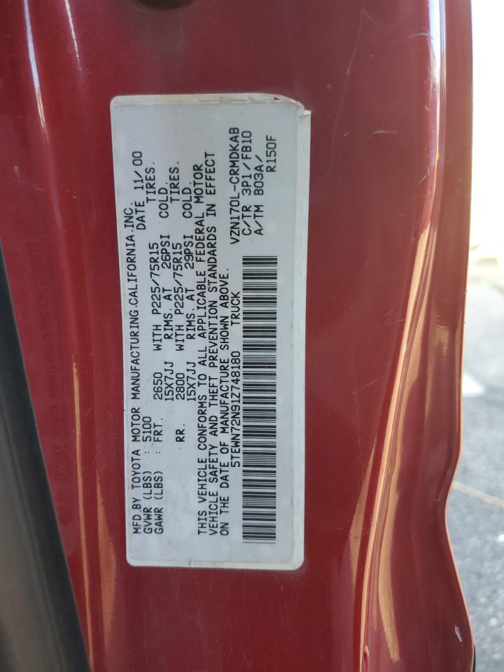 2001 Toyota Tacoma Xtracab VIN: 5TEWN72N91Z748180 Lot: 84046225