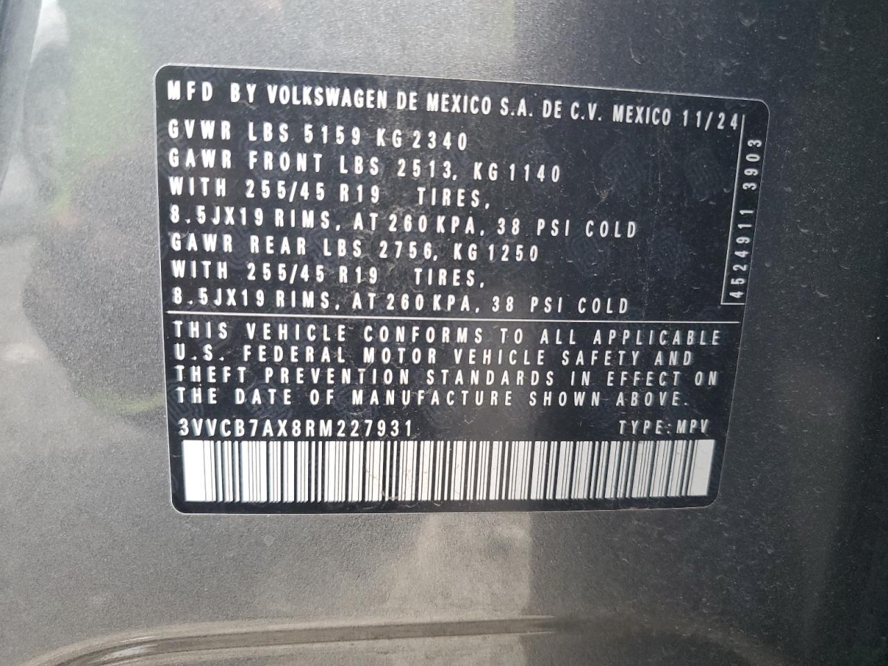 2024 Volkswagen Tiguan Se R-Line Black VIN: 3VVCB7AX8RM227931 Lot: 71070175