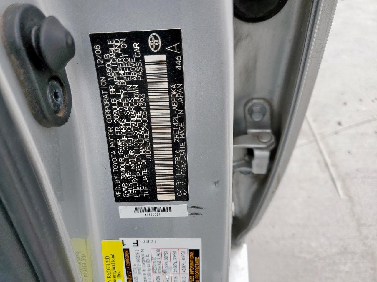 2009 Toyota Corolla Base VIN: JTDBL40E29J054393 Lot: 83934445