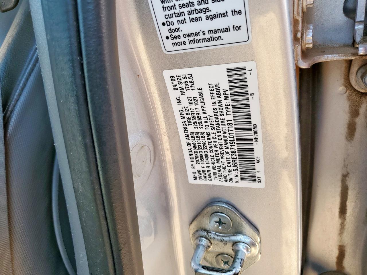 2009 Honda Cr-V Exl VIN: 5J6RE38719L017181 Lot: 71741245