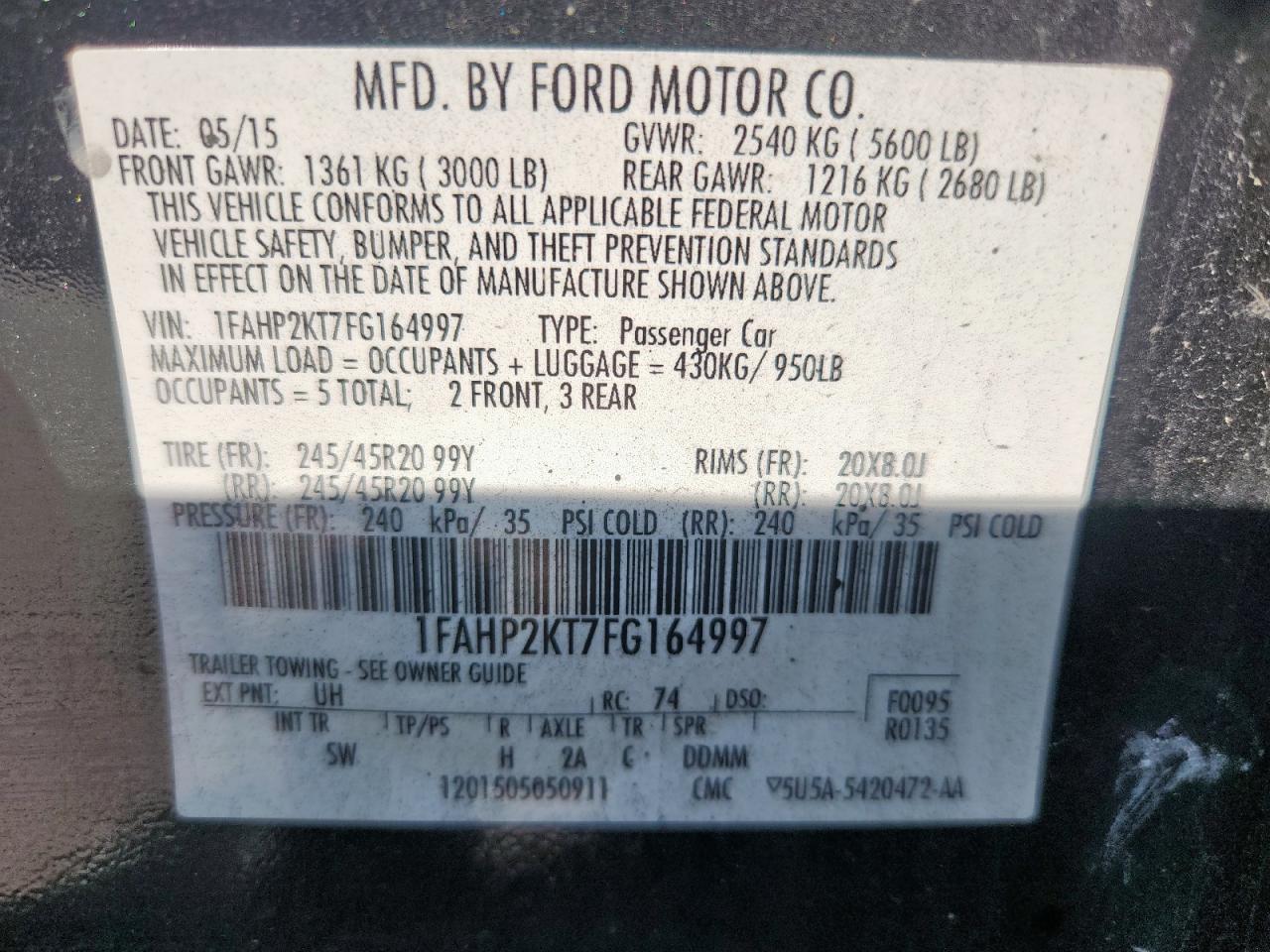 2015 Ford Taurus Sho VIN: 1FAHP2KT7FG164997 Lot: 80753995