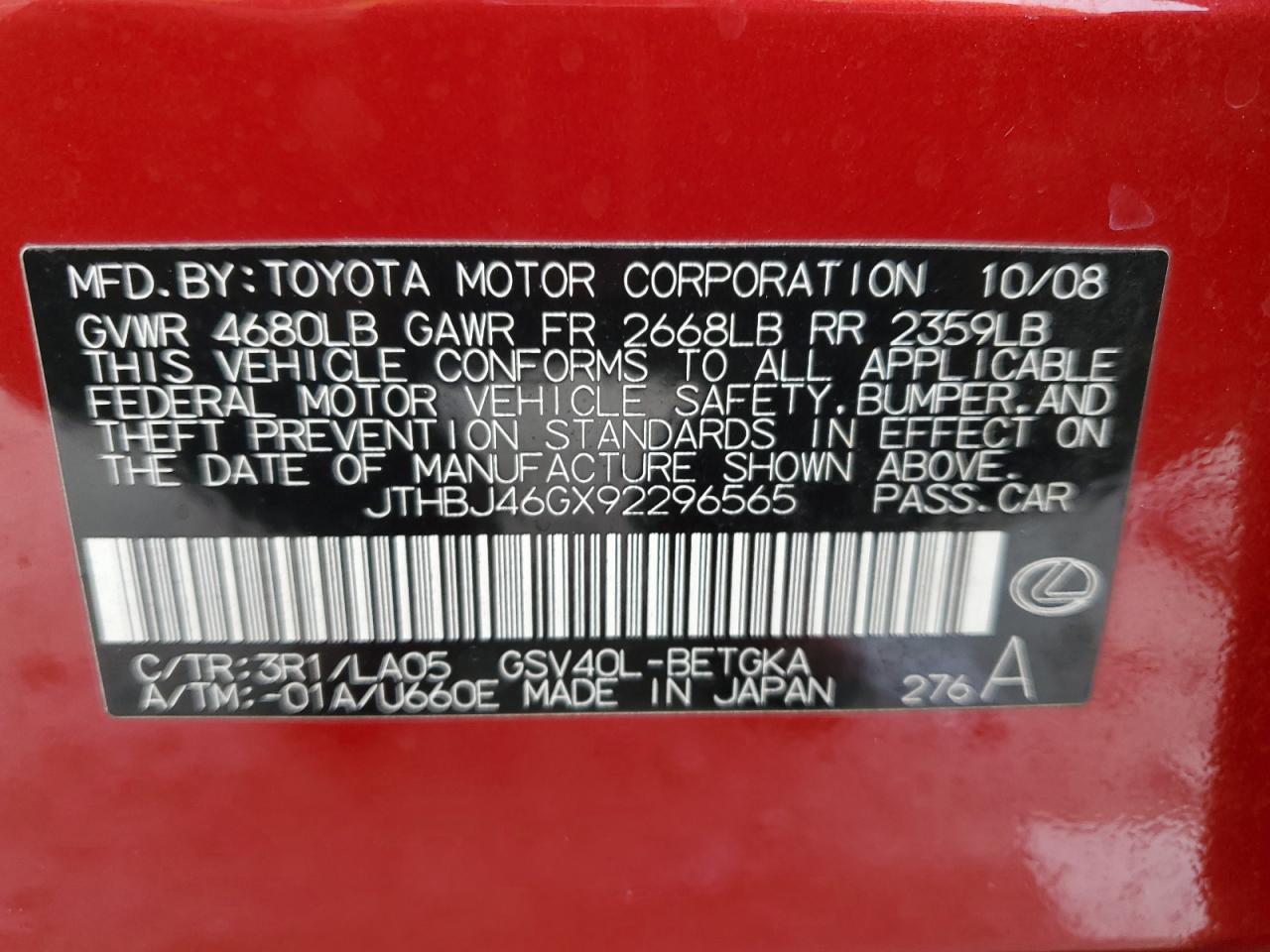 2009 Lexus Es 350 VIN: JTHBJ46GX92296565 Lot: 81207705