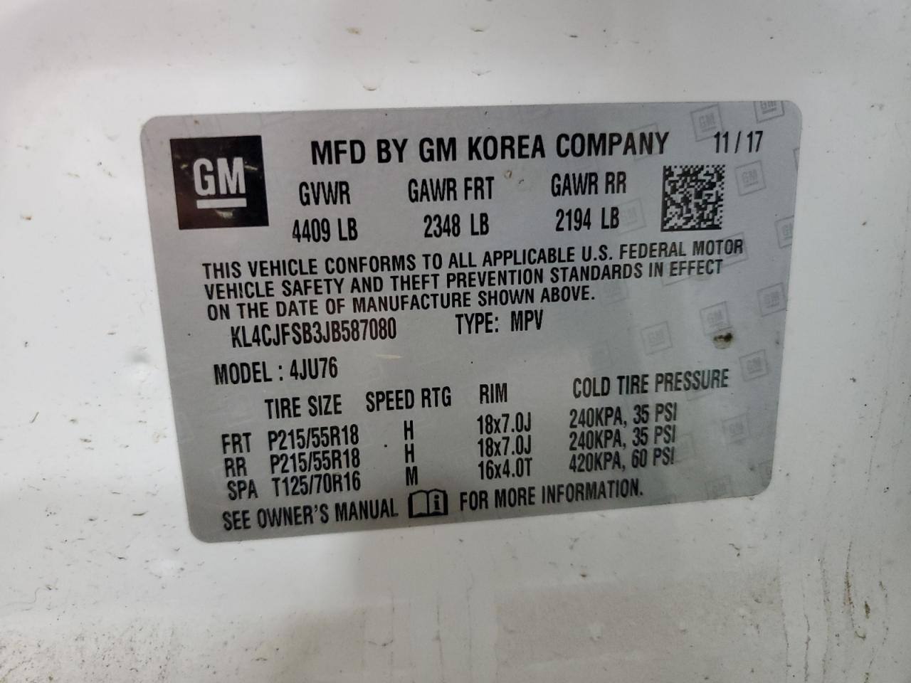 2018 Buick Encore Preferred Ii VIN: KL4CJFSB3JB587080 Lot: 83794405