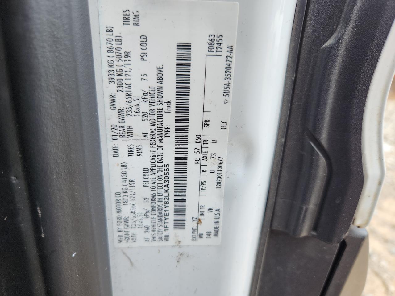 2020 Ford Transit T-150 VIN: 1FTYE1Y82LKA30565 Lot: 80817015