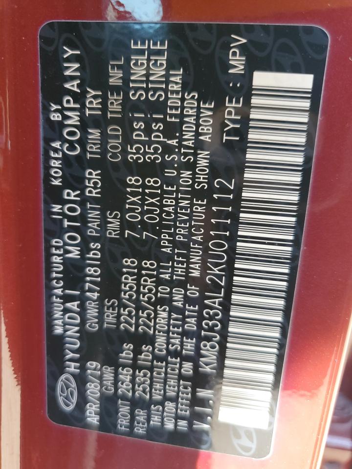 2019 Hyundai Tucson Limited VIN: KM8J33AL2KU011112 Lot: 84566235