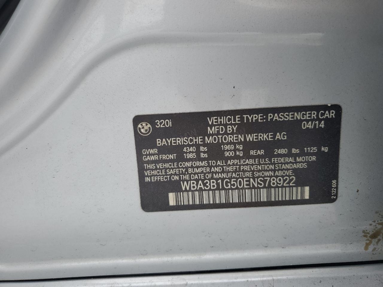 2014 BMW 320 I VIN: WBA3B1G50ENS78922 Lot: 80541205