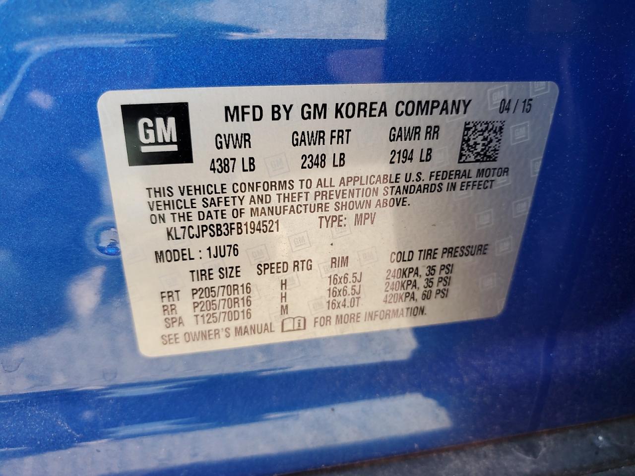 2015 Chevrolet Trax 1Ls VIN: KL7CJPSB3FB194521 Lot: 83778385