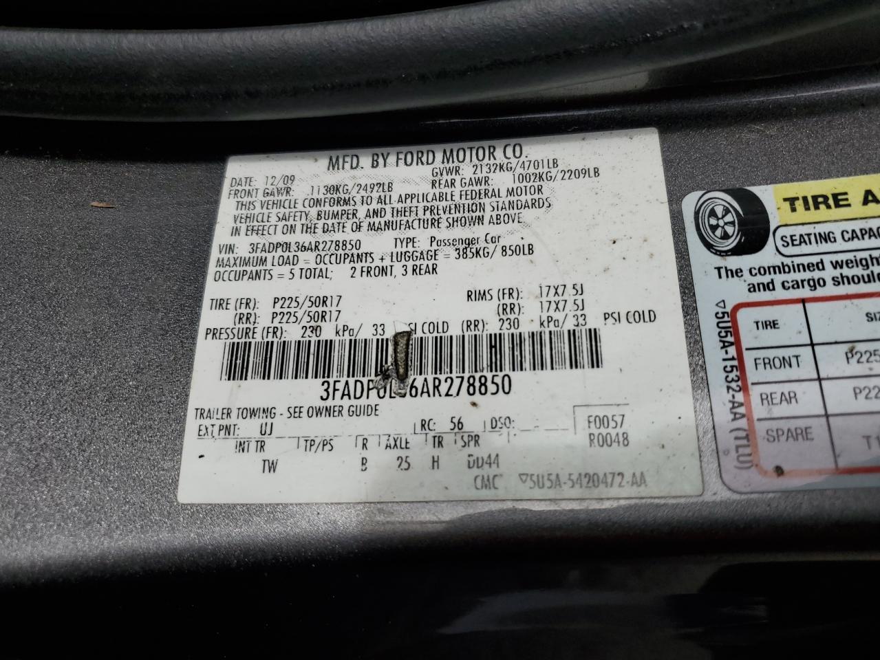 2010 Ford Fusion Hybrid VIN: 3FADP0L36AR278850 Lot: 71244855