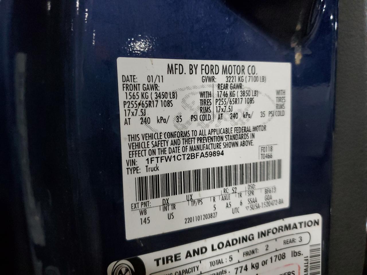 2011 Ford F150 Supercrew VIN: 1FTFW1CT2BFA59894 Lot: 81187565