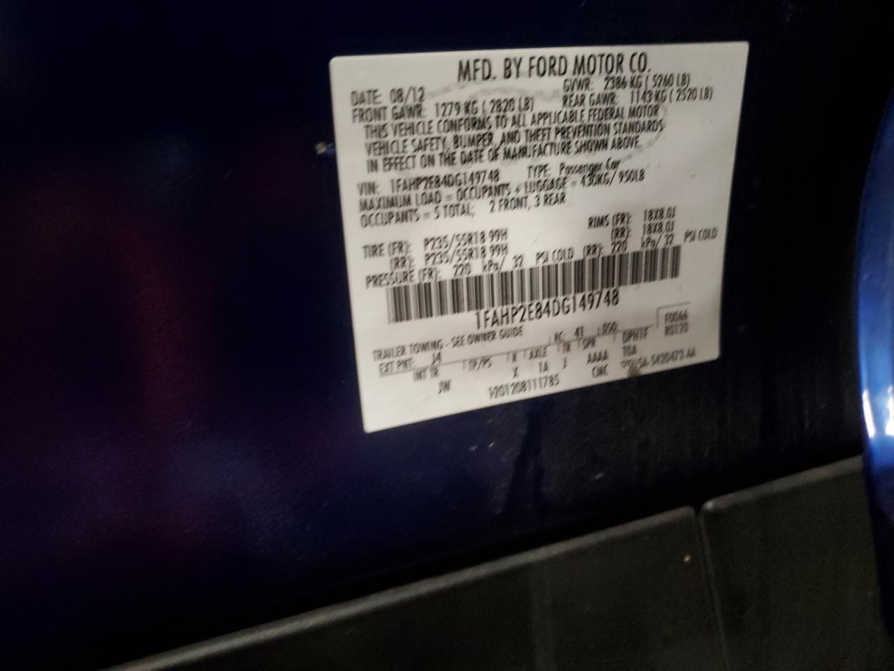 2013 Ford Taurus Sel VIN: 1FAHP2E84DG149748 Lot: 84835405